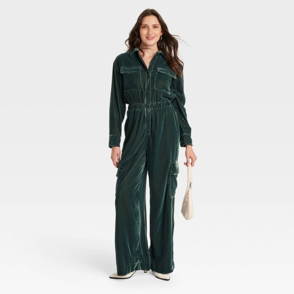Women's Long Sleeve Velvet Cargo Jumpsuit - Universal Thread Green 6 - Picture 3 of 3